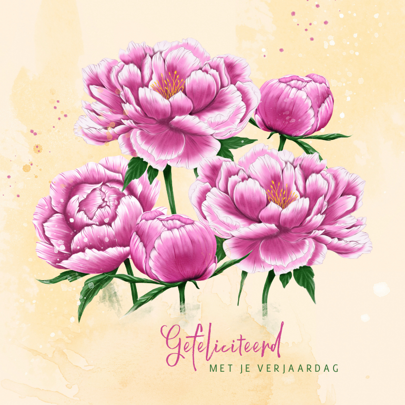 Verjaardagskaarten - Verjaardagskaart roze pioenrozen