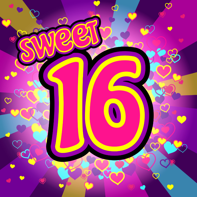 Verjaardagskaarten - Verjaardagskaart sweet 16 vol kleur en hartjes