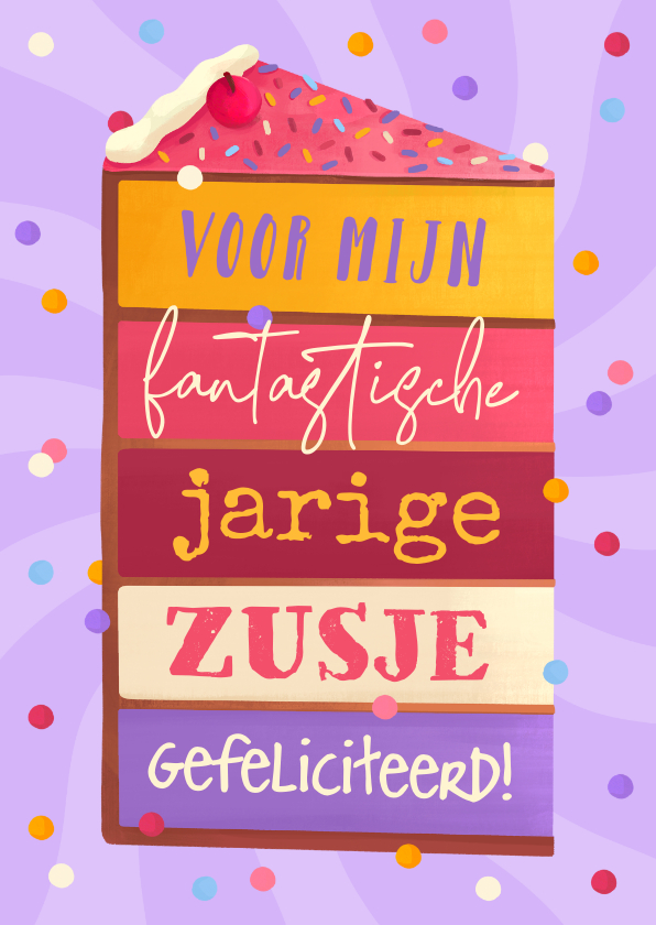 Verjaardagskaarten - Verjaardagskaart taart cake confetti jarig zusje