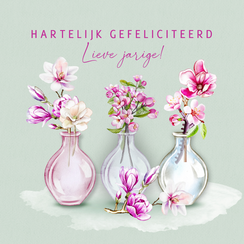 Verjaardagskaarten - Verjaardagskaart vaasjes magnoliatakken en bloesem