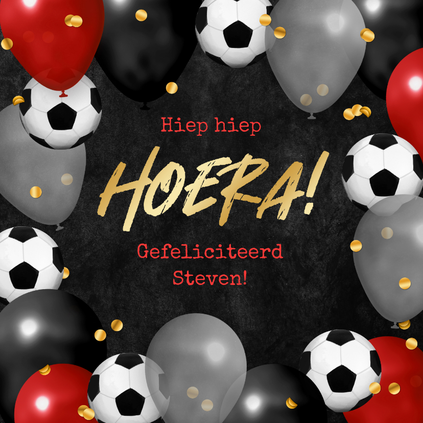 Verjaardagskaarten - Verjaardagskaart voetbal rood stoer ballonnen confetti