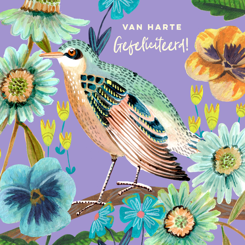 Verjaardagskaarten - Verjaardagskaart vogel op tak en bloemen paars