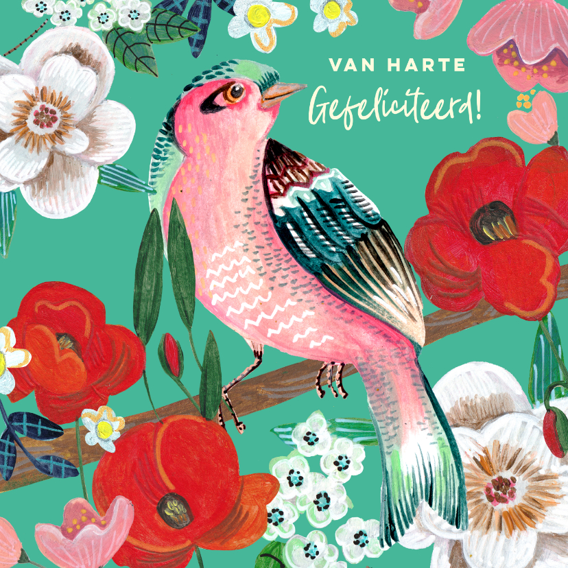 Verjaardagskaarten - Verjaardagskaart vogel op tak en bloemen turquoise