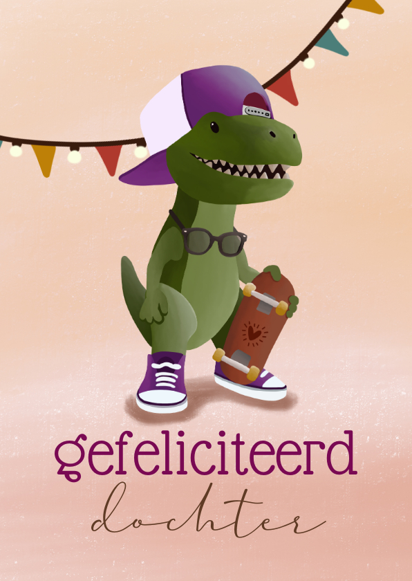 Verjaardagskaarten - Verjaardagskaart voor dochter stoere dino en skateboard 