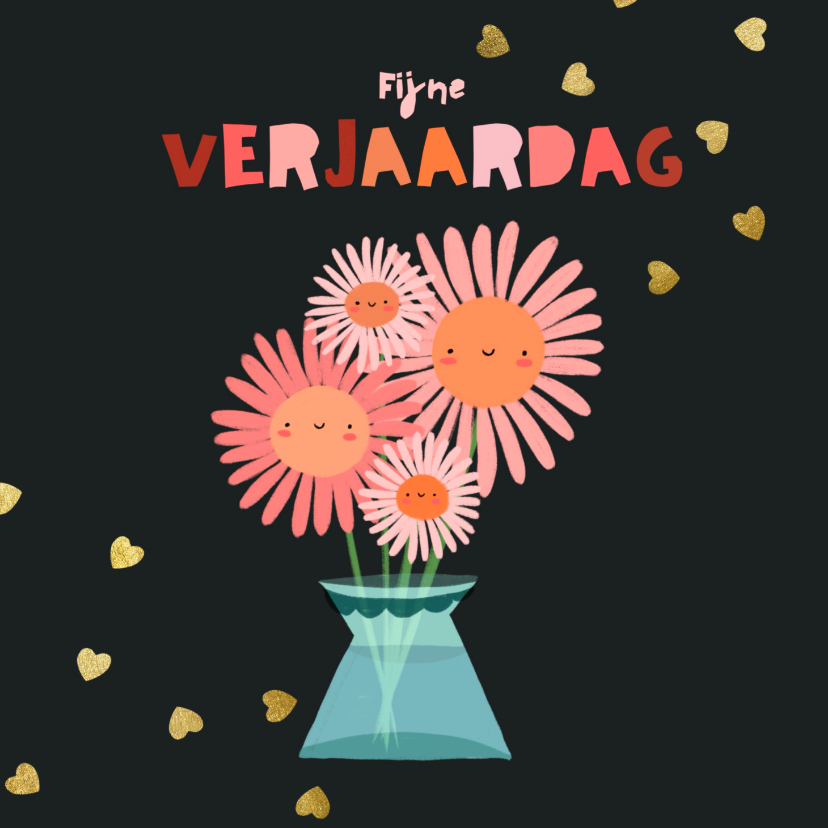 Verjaardagskaarten - Verjaardagskaart vrolijk kijkende bloemen in vaas