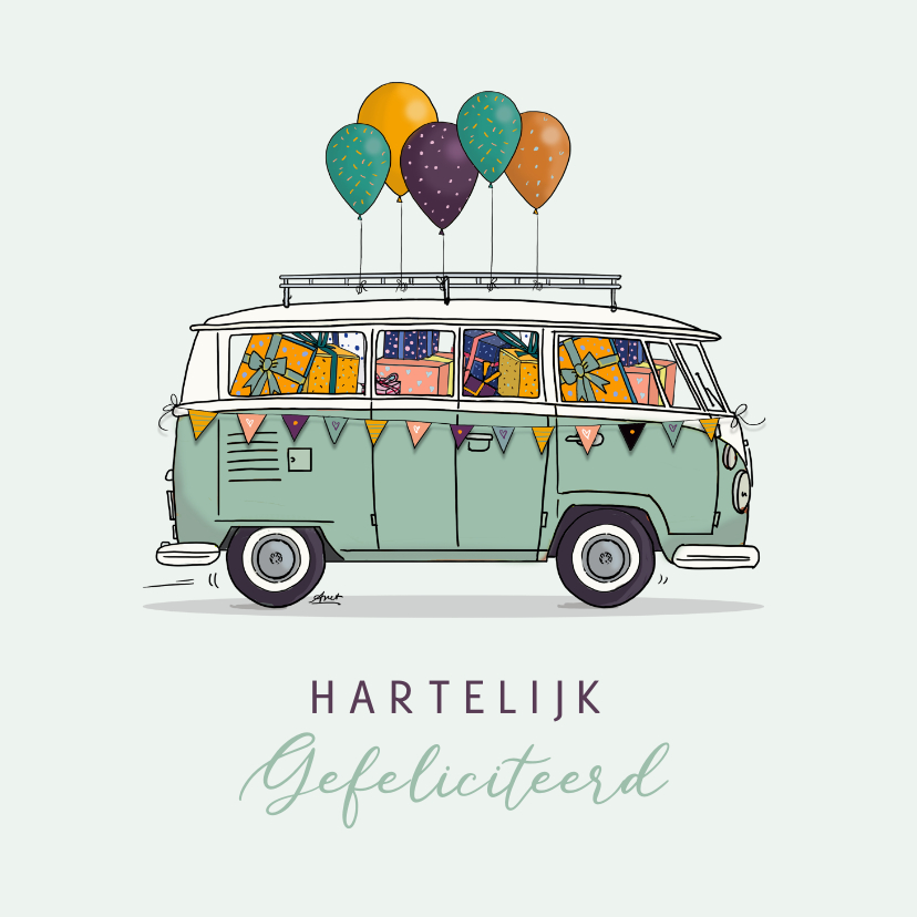 Verjaardagskaarten - Verjaardagskaart vw busje groen met ballonnen