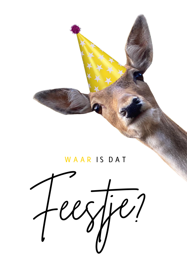 Verjaardagskaarten - Verjaardagskaart waar is dat feestje met hert met feesthoed