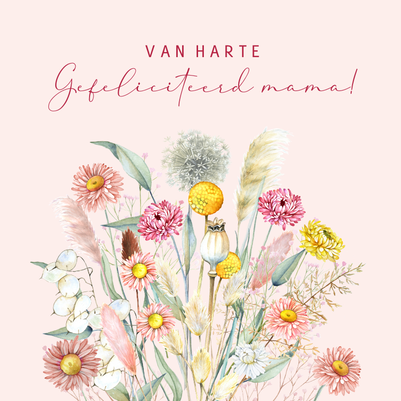 Verjaardagskaarten - Verjaardagskaartje droogbloemen pastel mama