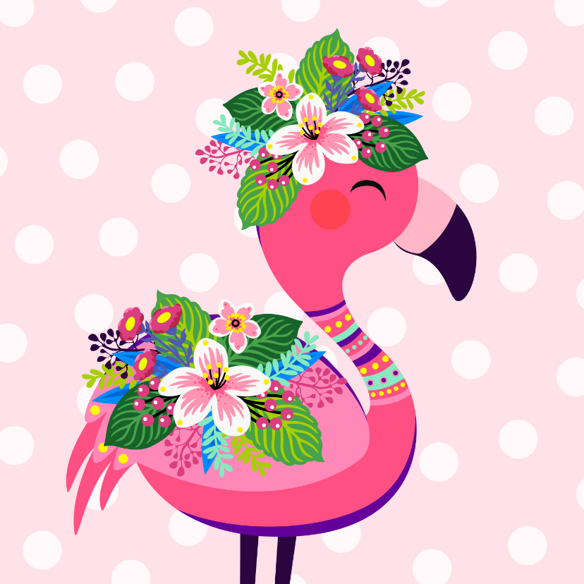 Verjaardagskaarten - Vrolijke flamingo verjaardagskaart en bloemen