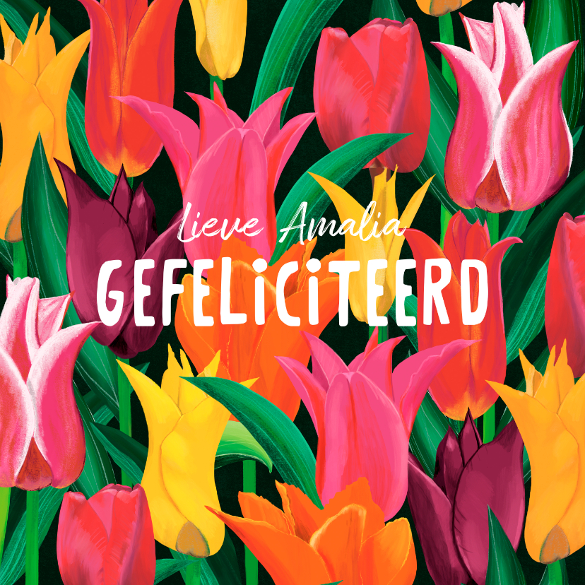 Verjaardagskaarten - Vrolijke verjaardagskaart met gekleurde tulpen