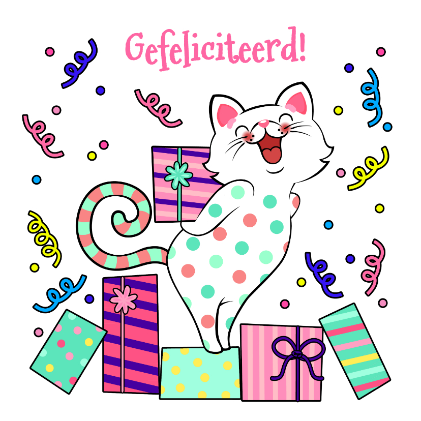 Verjaardagskaarten - Vrolijke verjaardagskaart met kat met cadeau