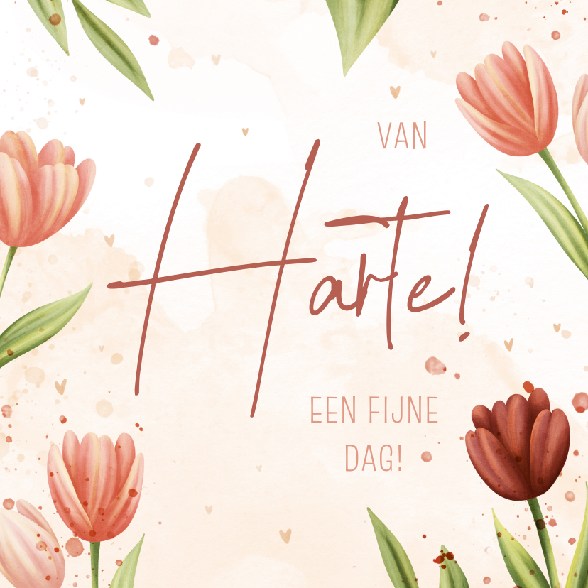 Verjaardagskaarten - Vrolijke verjaardagskaart met tulpen, hartjes en waterverf