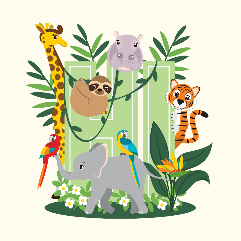 Wenskaarten - Kaartje met lieve jungledieren die hi zeggen