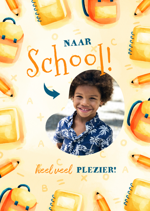 Wenskaarten - Kinderkaart naar school met foto en rugtasjes