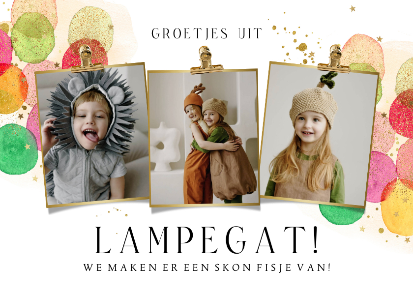 Wenskaarten - Kleurrijke carnavalskaart fotocollage goud