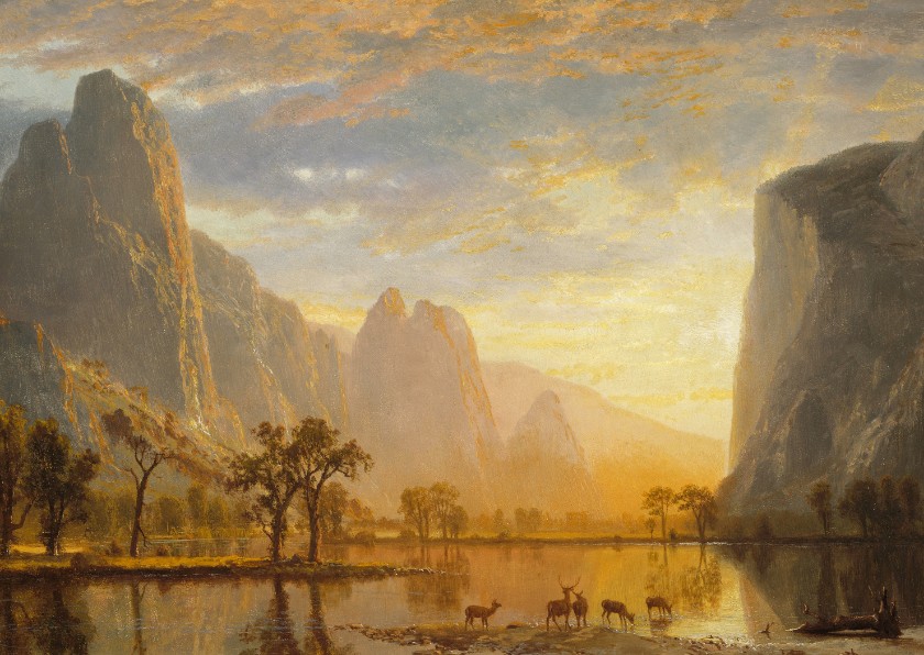 Wenskaarten - Kunstkaart van Albert Bierstadt. Vallei bij zonsondergang