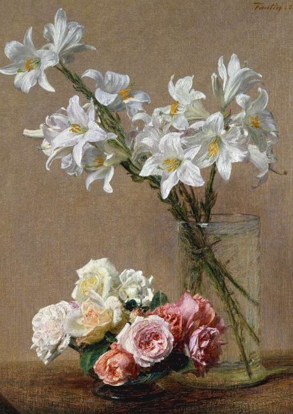 Wenskaarten - Kunstkaart van Henri Fantin Latour. Rozen en lelies