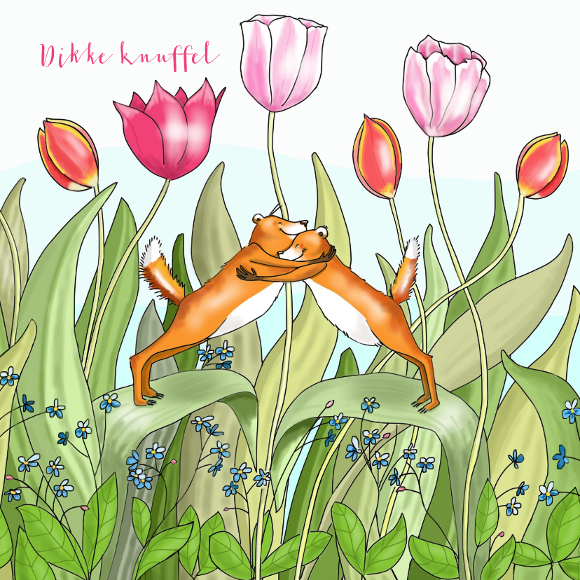 Wenskaarten - Liefde - knuffelende vosjes tussen de tulpen