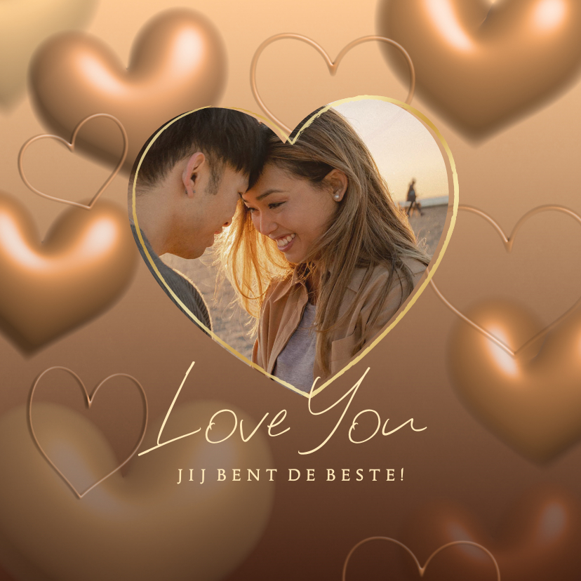 Wenskaarten - Liefdekaart met eigen foto stijlvol goud glans 3d hartjes