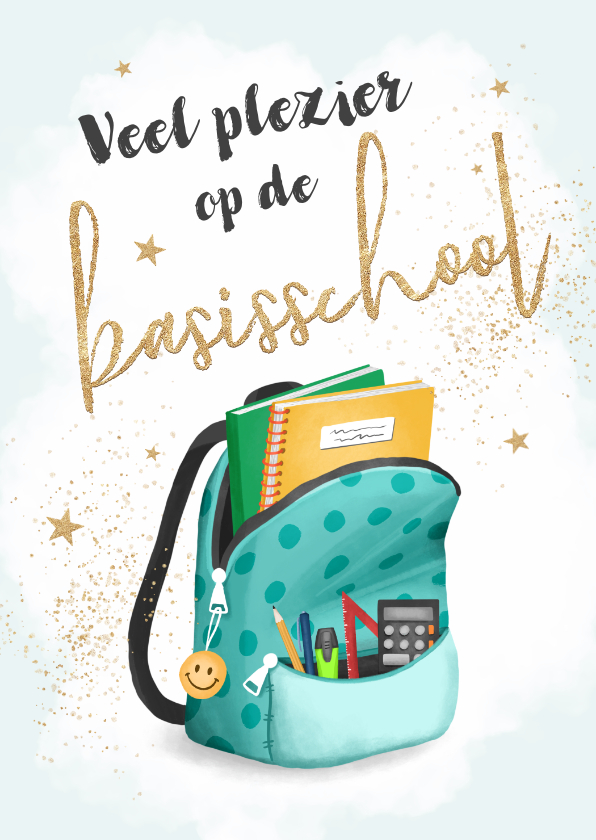 Wenskaarten - Succes plezier school rugtas basisschool goud