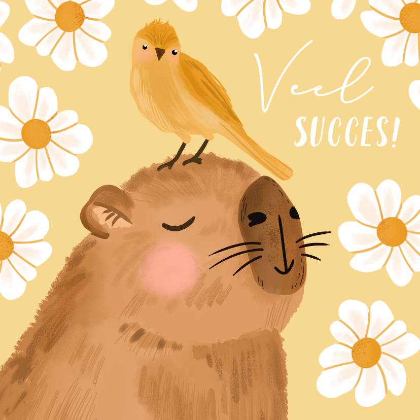 Wenskaarten - Succes wenskaart met capybara en vogel