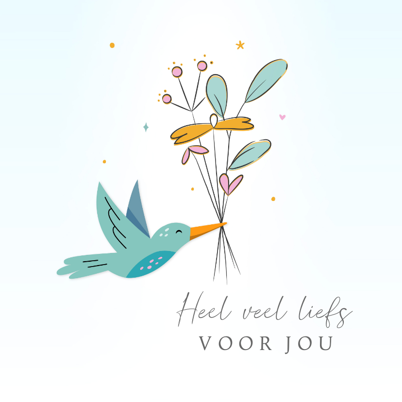 Wenskaarten - Veel liefs kaartje pastelkleuren vliegende vogel en bloemen 