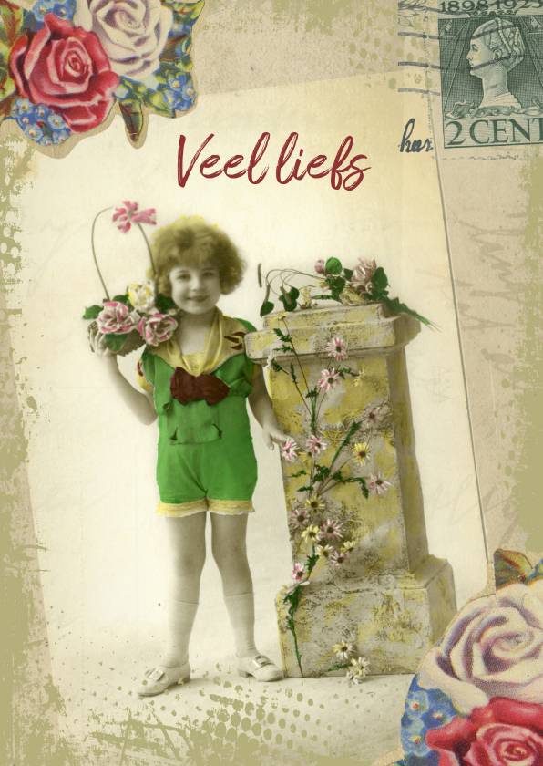 Wenskaarten - Veel liefs vintage meisje