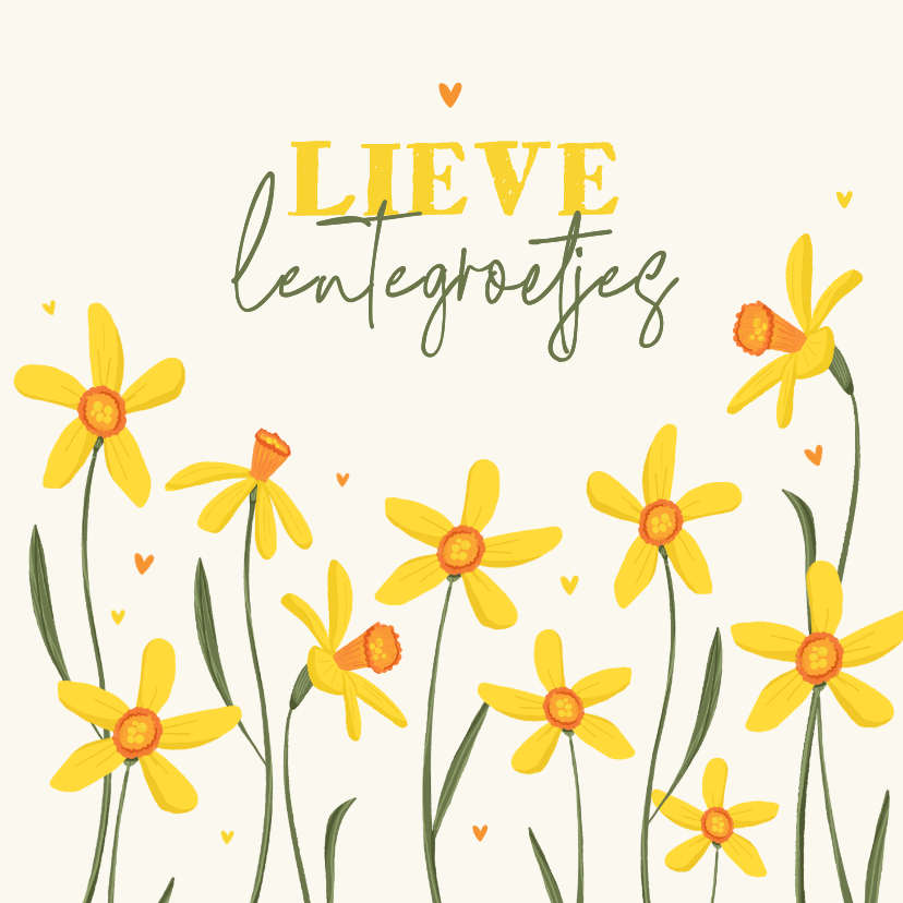 Wenskaarten - Wenskaart lieve lentegroetjes narcissen bloemen hartjes