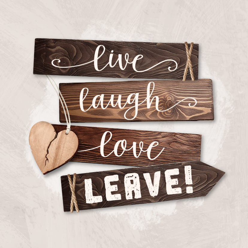 Wenskaarten - Wenskaart scheiding live laugh love leave hout decoratie