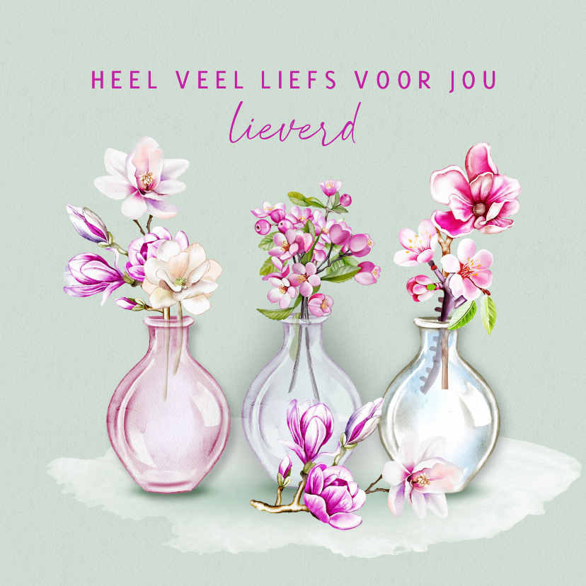 Wenskaarten - Wenskaart vaasjes magnolia en bloesem