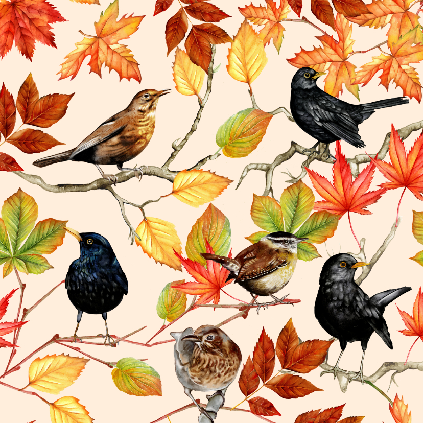 Wenskaarten - Wenskaart vogels herfstblad