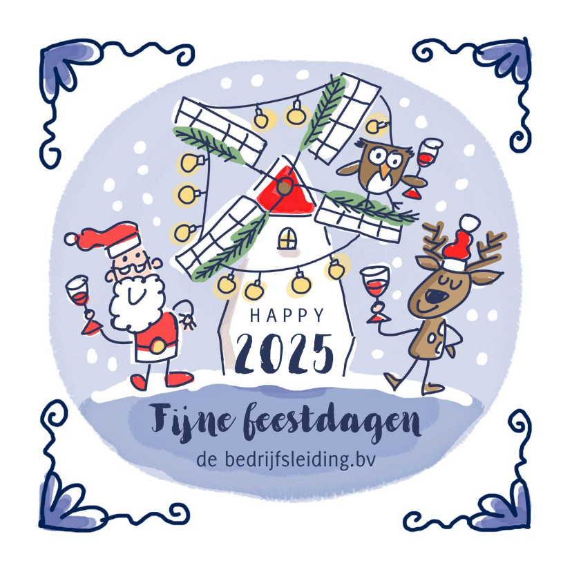 Zakelijke kerstkaarten - Delfts blauw kerstkaartje met kerstman rendier en molen