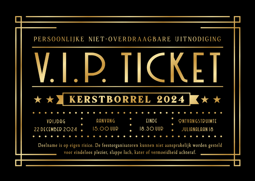 Zakelijke kerstkaarten - Grappige zakelijke uitnodiging kerstborrel VIP-ticket goud