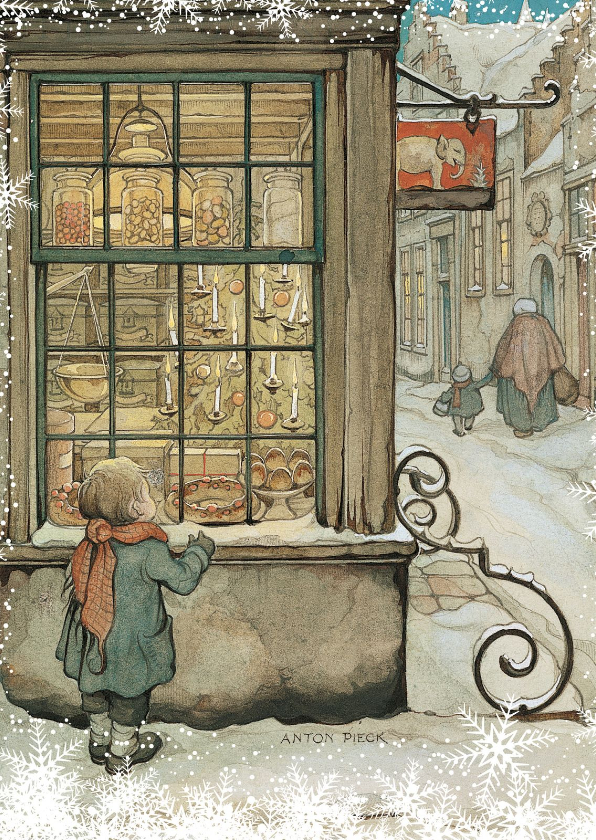 Zakelijke kerstkaarten - Kerkstkaart - Anton Pieck illustratie kindje voor etalage