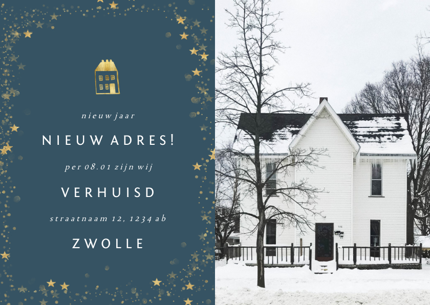 Zakelijke kerstkaarten - Kerst-verhuiskaart bedrijf met foto en gouden pand