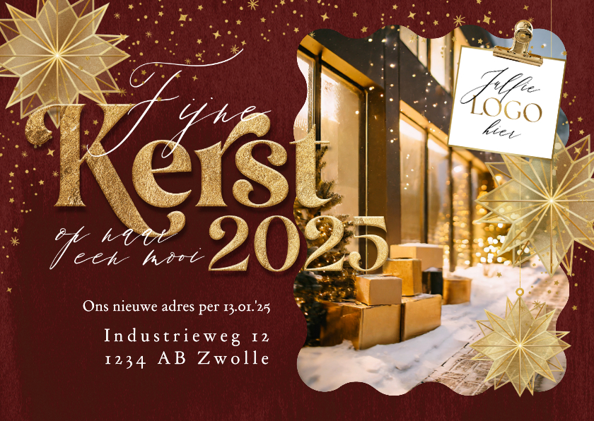 Zakelijke kerstkaarten - Stijlvolle kerstkaart vershuisd foto kerststerren goud logo