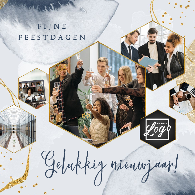 Zakelijke kerstkaarten - Stijlvolle zakelijke kerstkaart goud fotocollage nieuwjaar