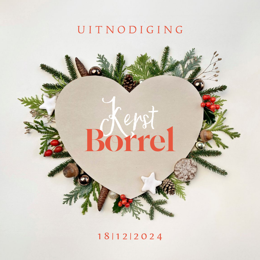 Zakelijke kerstkaarten - Uitnodiging kerstborrel hart met kerstdecoratie