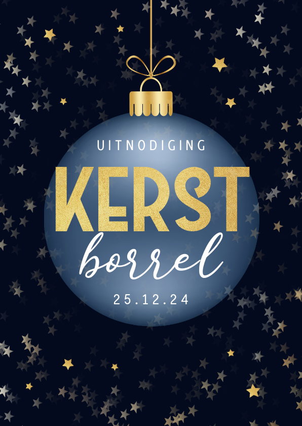 Zakelijke kerstkaarten - Uitnodiging kerstborrel kerstbal goud sterren 