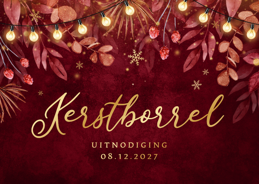 Zakelijke kerstkaarten - Uitnodiging kerstborrel lampjes takjes sneeuwvlokken rood