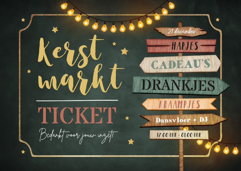 Zakelijke kerstkaarten - Uitnodiging kerstmarkt wegwijzers ticket sterren