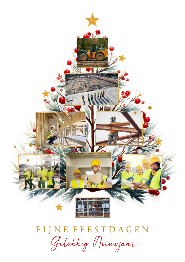 Zakelijke kerstkaarten - Zakelijk collage kerstkaart kerstboom met takjes en sterren