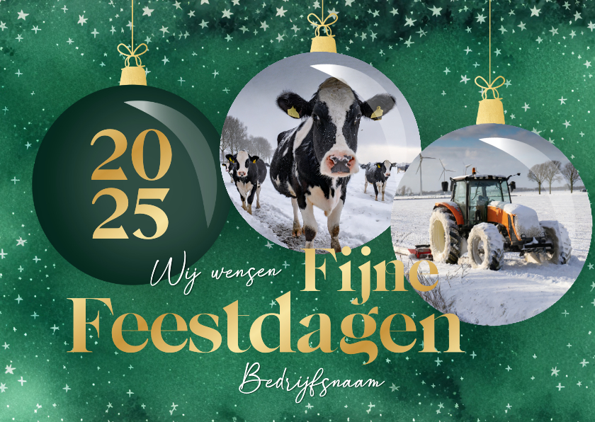 Zakelijke kerstkaarten - Zakelijke groene kerstkaart met fotos kerstballen en sterren