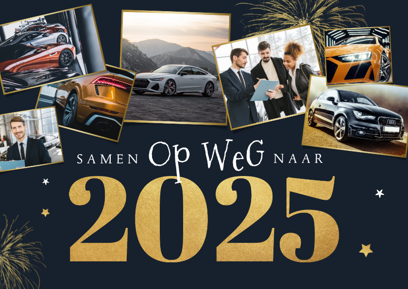 Zakelijke kerstkaarten - Zakelijke kerst- en nieuwjaarskaart auto fotocollage goud