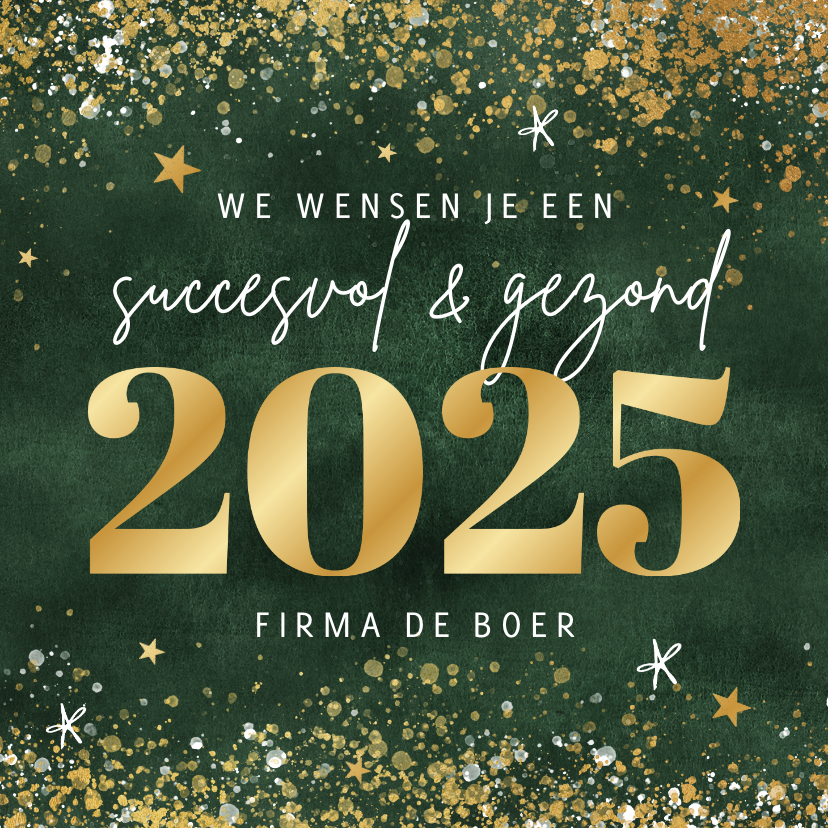 Zakelijke kerstkaarten - Zakelijke kerstkaart 2025 goud spetters sterren groen