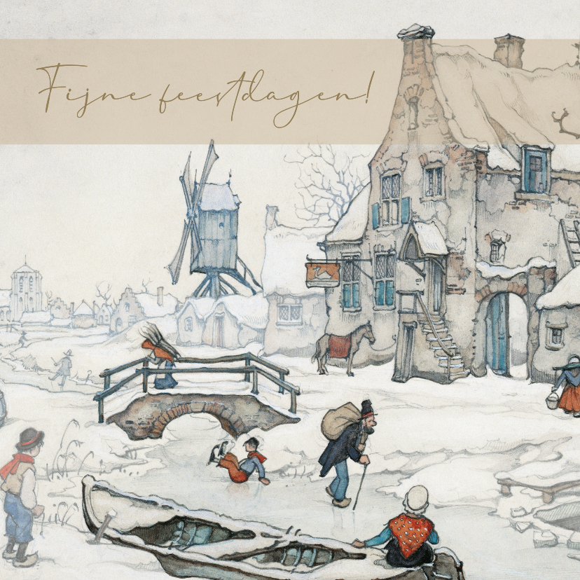 Zakelijke kerstkaarten - Zakelijke kerstkaart Anton Pieck besneeuwd landschap molen