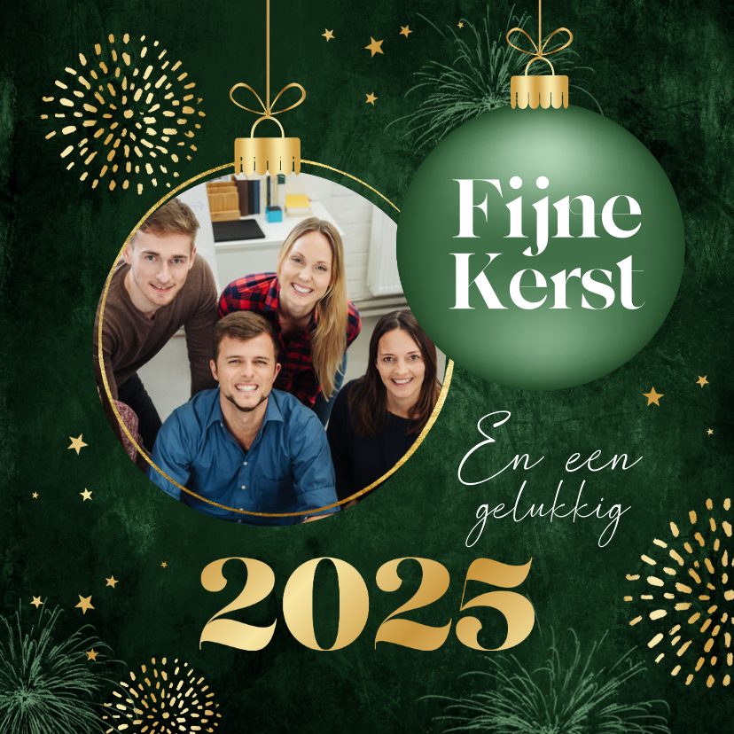 Zakelijke kerstkaarten - Zakelijke kerstkaart groen kerstballen goud foto sterren