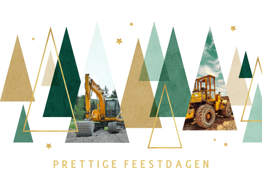 Zakelijke kerstkaarten - Zakelijke kerstkaart kerstbomen grafisch goud sterren groen