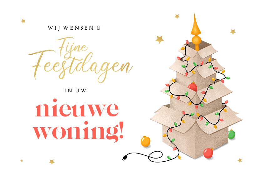 Zakelijke kerstkaarten - Zakelijke kerstkaart makelaar dozen nieuwe woning kerstboom