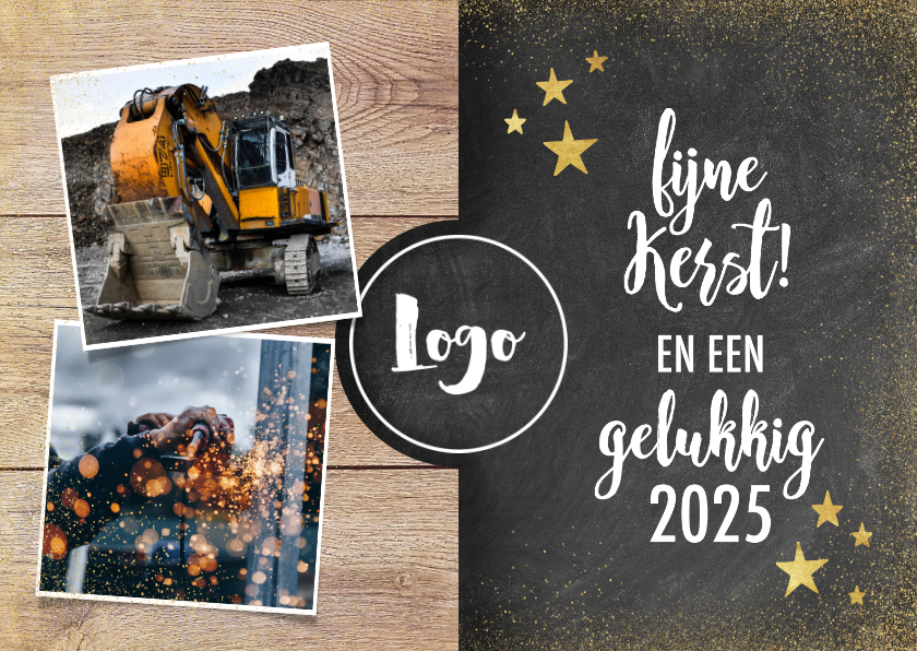 Zakelijke kerstkaarten - Zakelijke kerstkaart met hout, krijtbord, foto's en logo